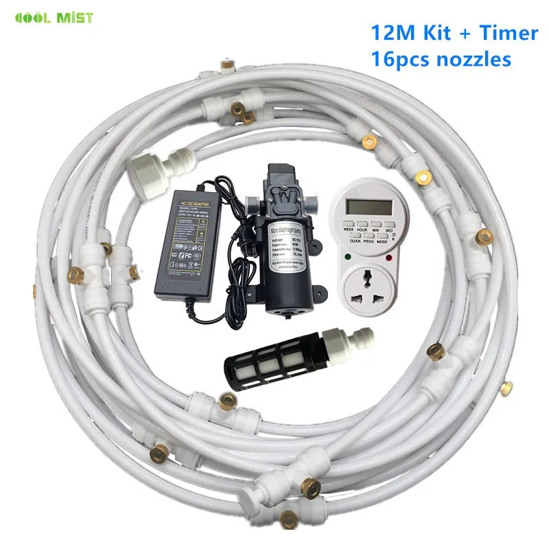 A29 Outdoor Misting Cooling System 12V Water Pump Kit Fog Nozzle For Greenhouse Garden Patio 8M -18M Timer Smart Irrigation Kits