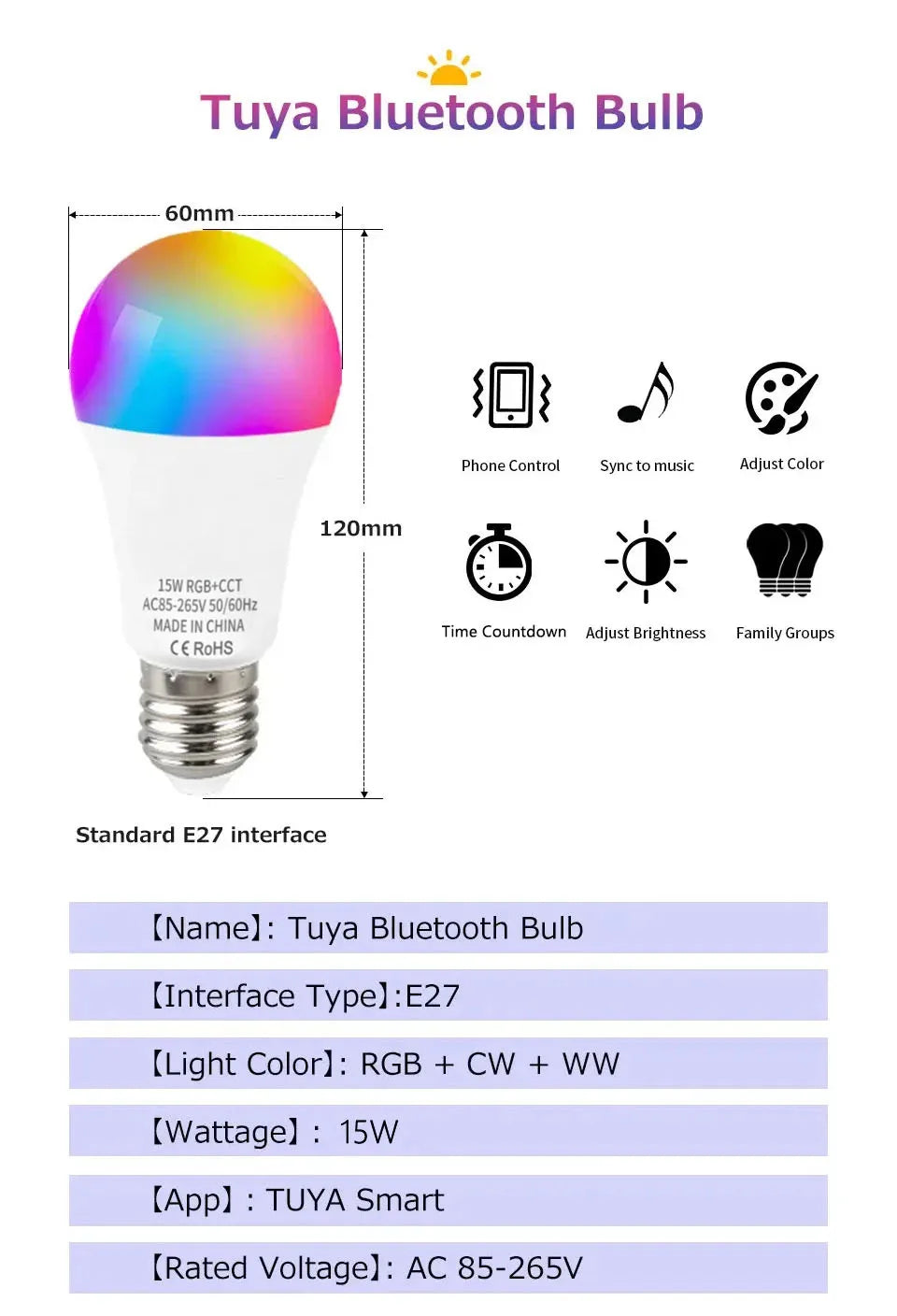 Tuya WiFi Bluetooth E27 Smart Bulb RGBCW 100-240V 15W LED Lamp E27 Light Bulbs App Voice Control Support Alexa Google Home Alice