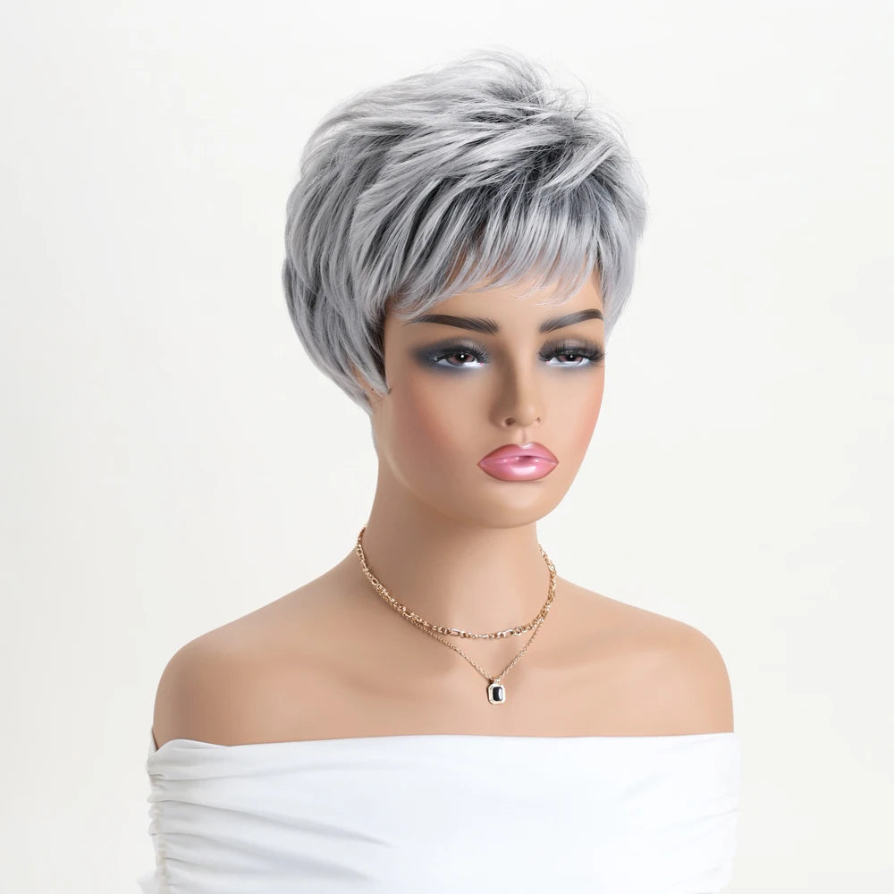 Short Natural Wigs with Bangs Soft Mommy Hair Daily Use Short Grey Ombre Curly Synthetic Hair Costume Party Wig for Women