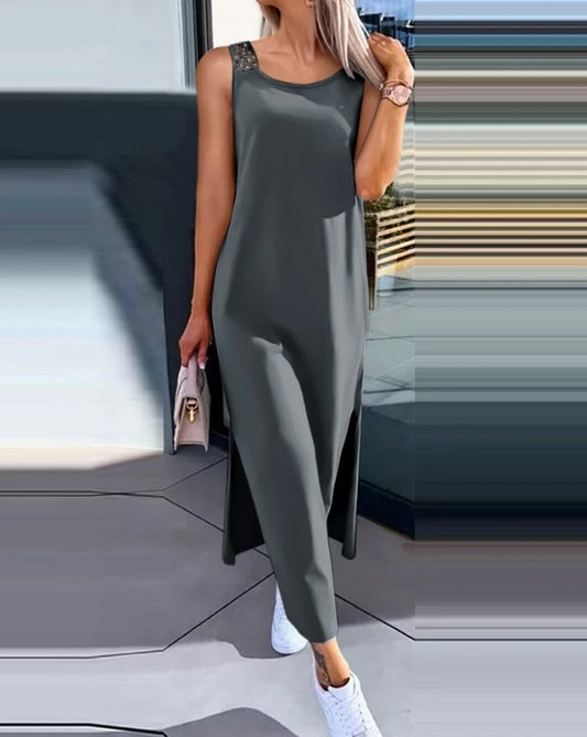 Womens Dresses Summer Fashion Slit Hollow-Out Casual Plain Round Neck Sleeveless Daily Straight Mid-Calf Dress