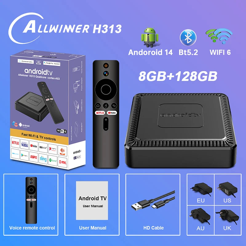 2025 New Q7 Smart TV Box Android14 Allwinner H313 8G+128GB ROM Dual-Band WiFi 6 Bluetooth 5.2 Google Voice Remote Media PlayerGoWisse.com