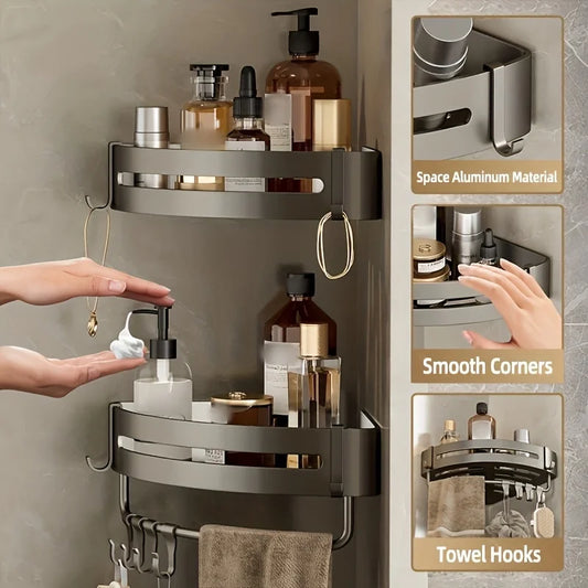 1pc Non-Drill Aluminum Bathroom Storage Rack - Wall-Mounted Corner Shelf for Shampoo, Makeup, and Accessories