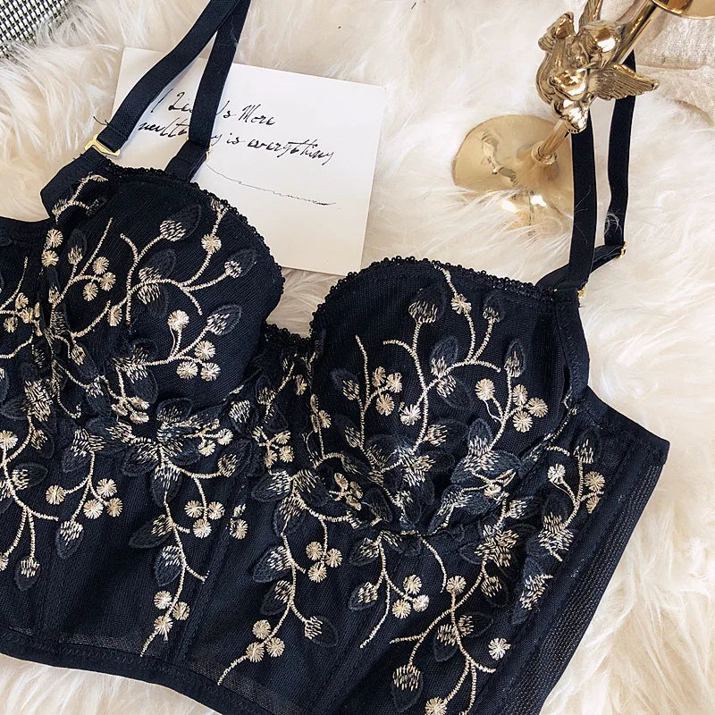 2 Pieces Sexy Lace Flowers Embroidery Underwear Set for Women French Body Shaping Push Up Bra Set Romantic White Lingerie Sets
