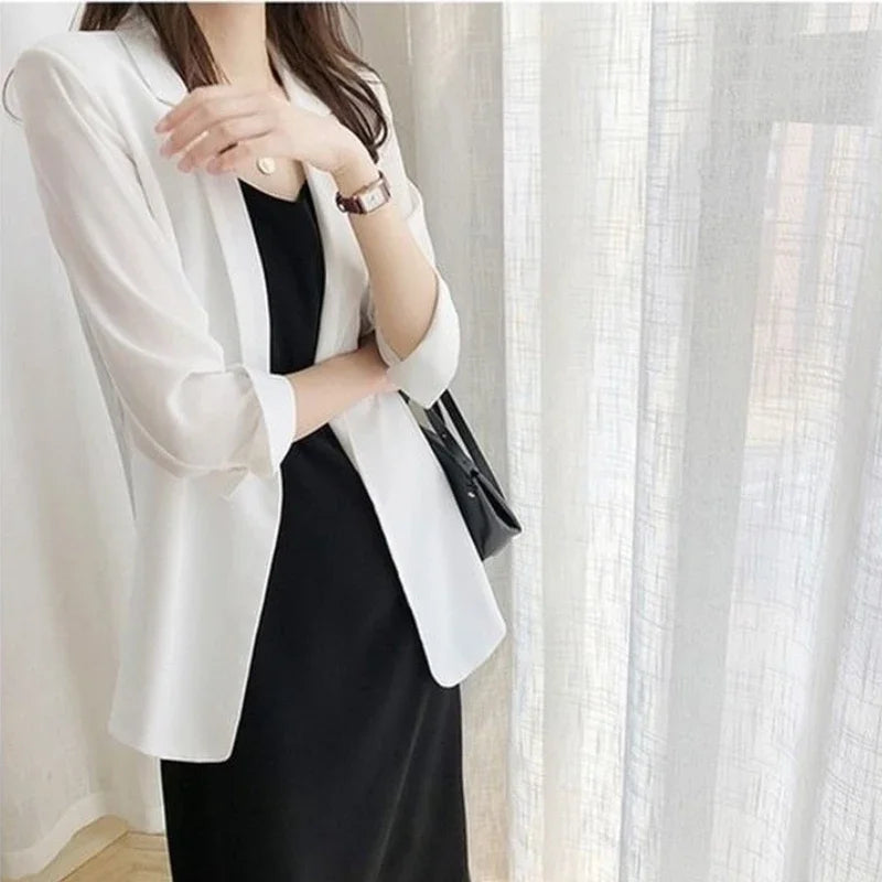 Spring Women Thin Blazers Sun Protection Suit 2025 Female Summer Black Blazer Three Quarter Sleeves OL Slim Coats Ladies Tops