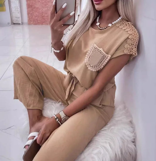 Two Piece Set Women Outfit Summer Lace Patchwork Round Neck Short Sleeved Lace Up Top & Casual Daily Wide Leg Pants Set