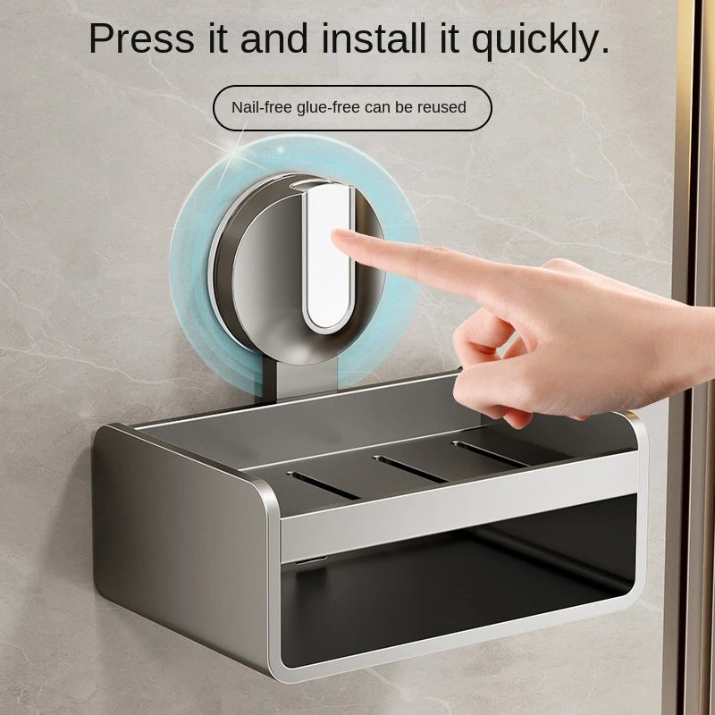 No-Drill Bathroom Soap Holder - Suction Cup Wall Mount Organizer Double Drainage, Holds Soap & Sponge, Space-Saving Storage Rack