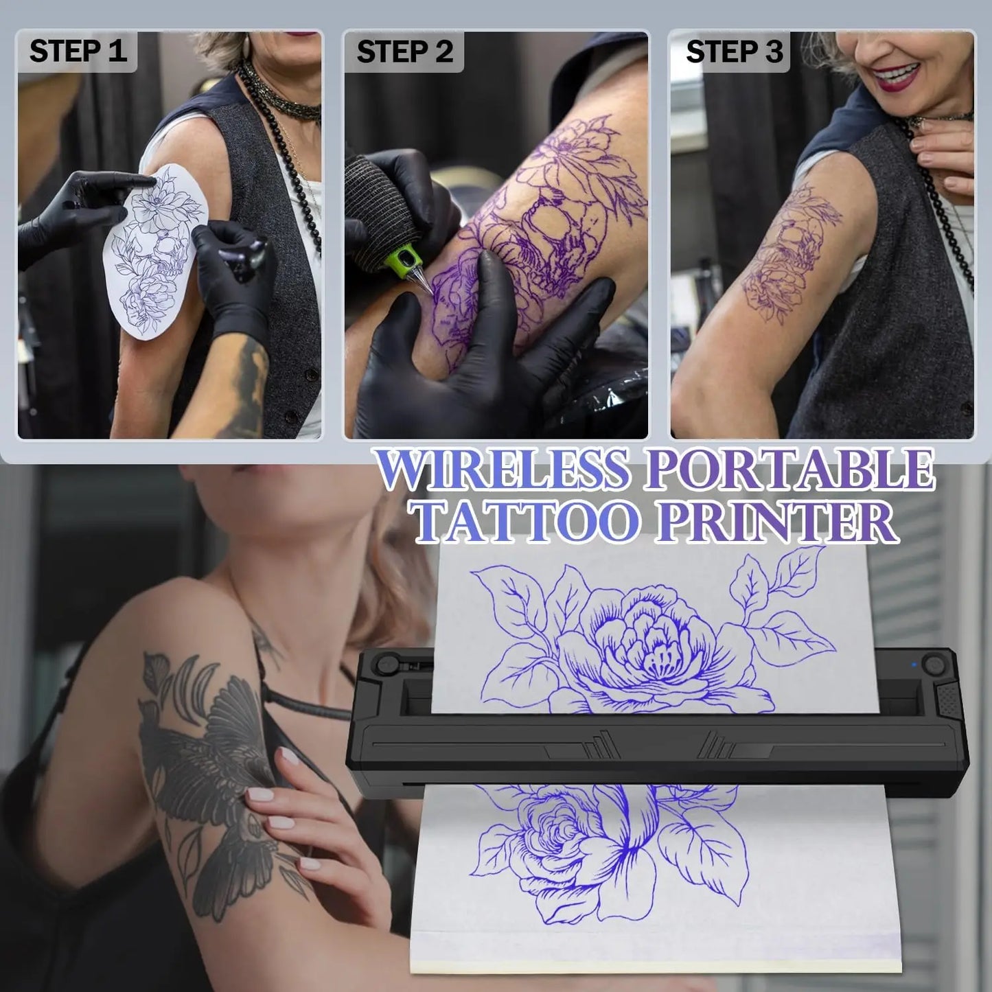 Portable Bluetooth Thermal Tattoo Printer Inkless M8 Beginners&Pros Wireless Tattoo Stencil Printer Suitable for Phone/Tablet/PC