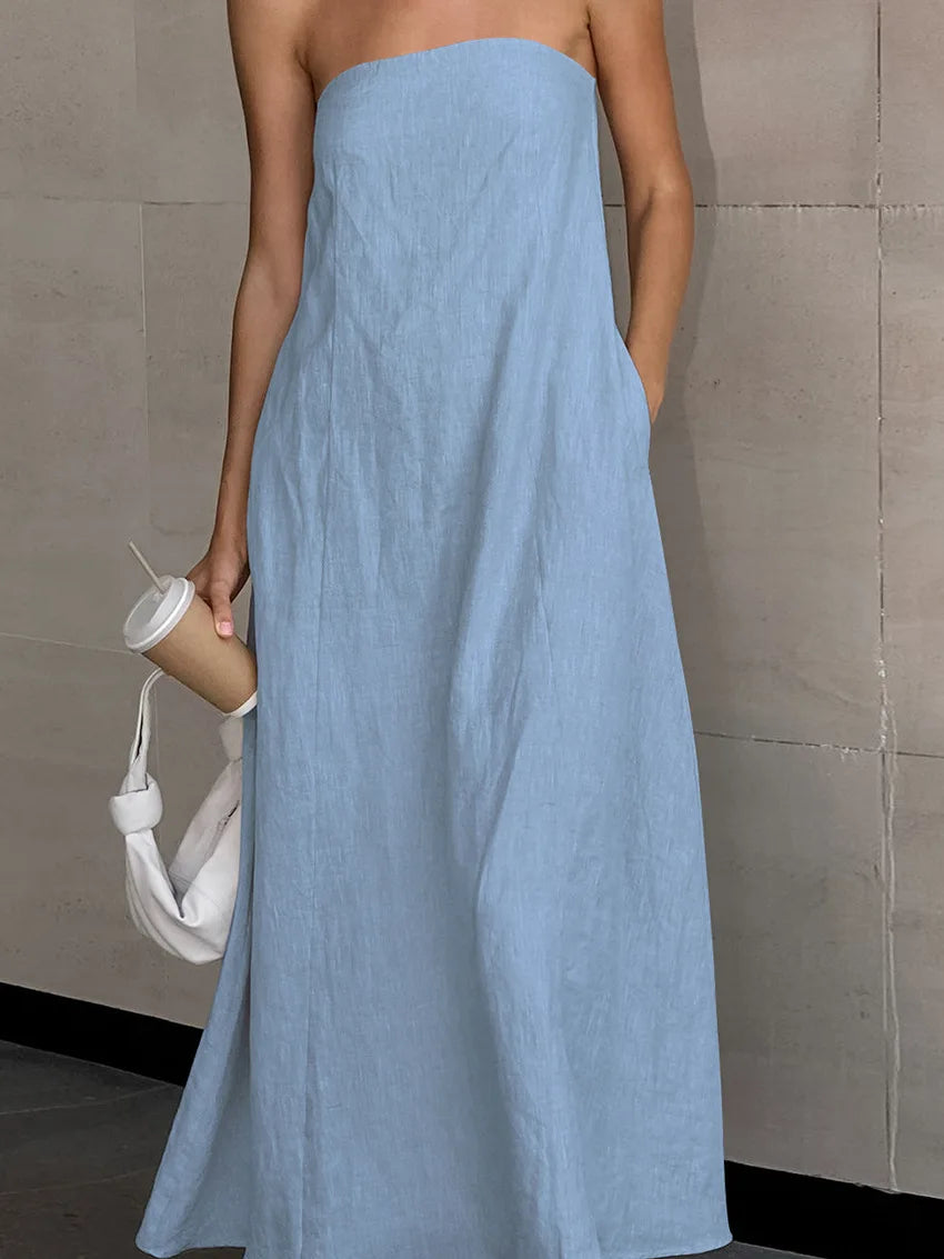 Minimalist Cotton Linen Design Strapless Dress Summer Women's Personal Street Elastic Backless Pocket Vacation Beach Dress