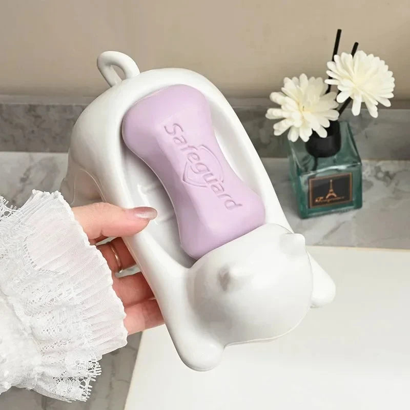 Kawaii White Cat Soap Drain Rack Kitchen Sponge Storage Rack Bathroom Soap Holder Non-slip Container Cute Home Organizer