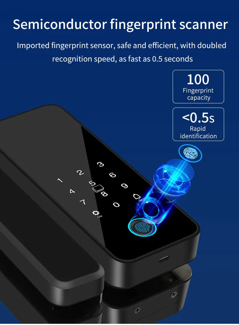 Tuya APP Glass Door Fingerprint Lock Bluetooth Smart Biometric Electronic Office Glass Door Lock 13.56Mhz RFID IC Keyless Unlock