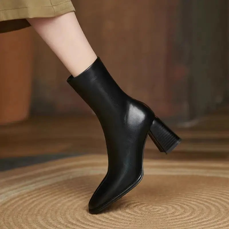 Leather Square Toe Heeled Booties Fleece-Lined Women's Ankle Boots Autumn Winter Female Short Shoes Trend 2025 on Offer Footwear