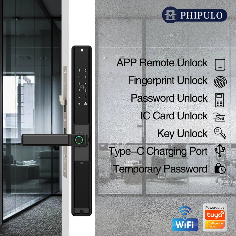 Waterproof Sliding Door Smart Lock Tuya WiFi Fingerprint Digital Code RFID Card Anti-Lock Aluminum Double-Side Electronic Lock
