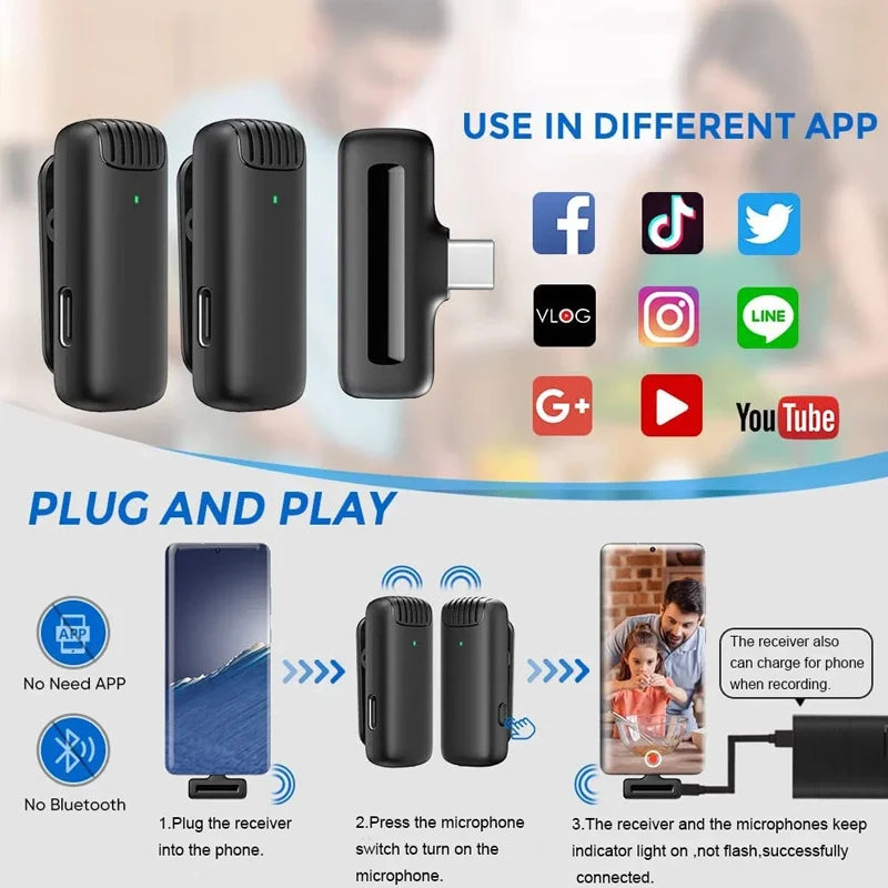 J13 Wireless Lavalier Microphone with Charger Case Portable Audio Video Receiver Mini Mic For iPhone Android Tablet Gaming Live