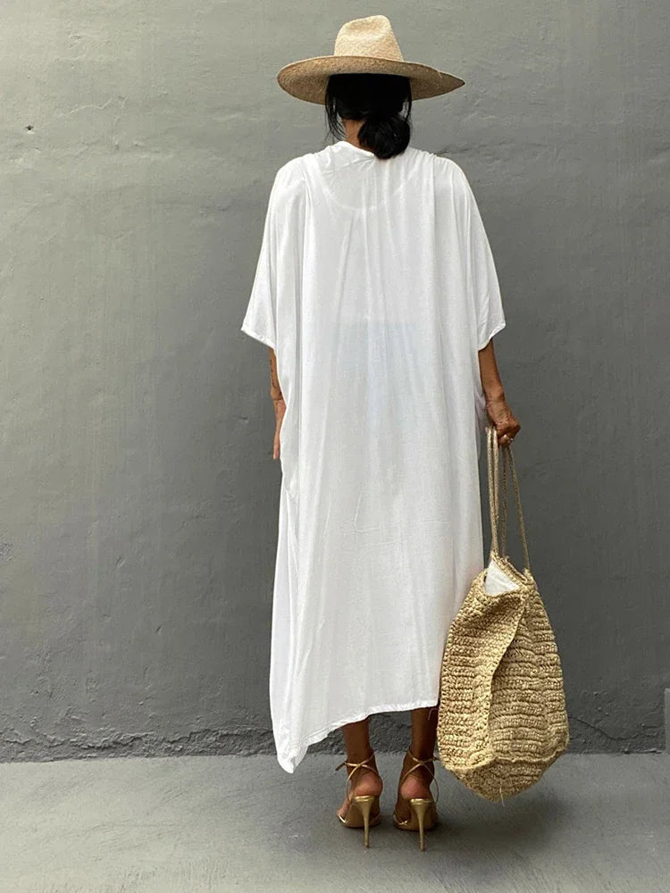New Boho Beach Kimono Swimwear Women Cotton Holiday Summer Women's Tunic Beachwear Outfits Solid Oversize Cover-Ups