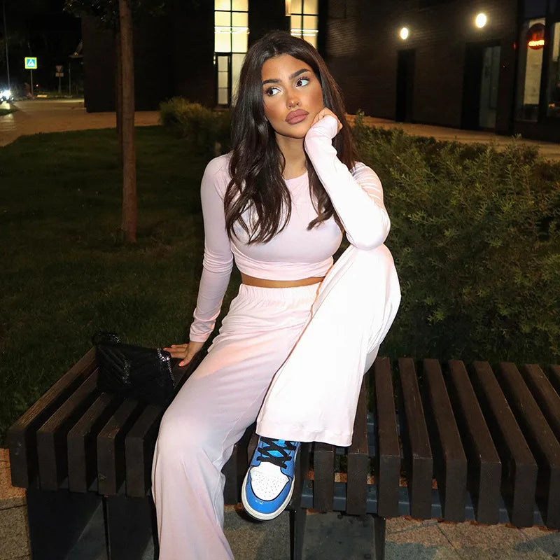 Basic Wide Leg Pants Leisure Suit Women 2025 Spring Solid Long Sleeve Top Casual Loose Trousers 2 Piece Set Hottie Streetwear
