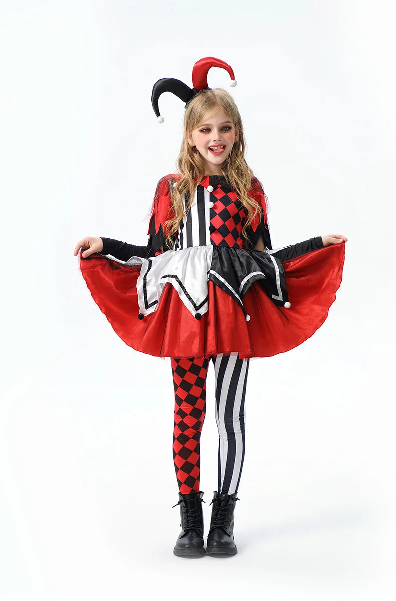 Naughty Girls Clown Costume Kids Circus Scary Tutu Dress Halloween Cosplay Costumes Carnival Party Jester Dress Up Full Set