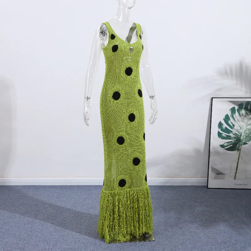 Designed Polka Dot Knitted Long Dress V Neck Hollow Out Fringe Hem Dresses 2025 Summer New Women's Elegant Party Evening Gown