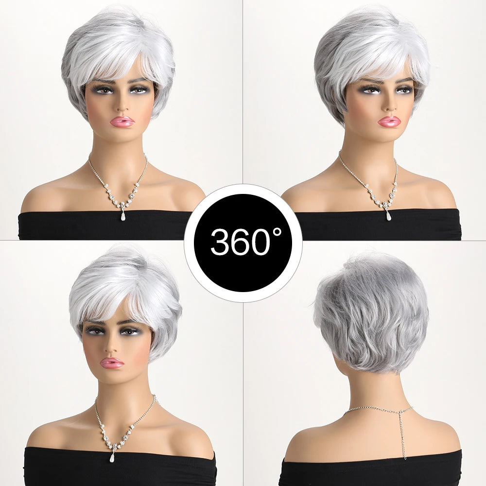 Short Natural Wigs with Bangs Soft Mommy Hair Daily Use Short Grey Ombre Curly Synthetic Hair Costume Party Wig for Women