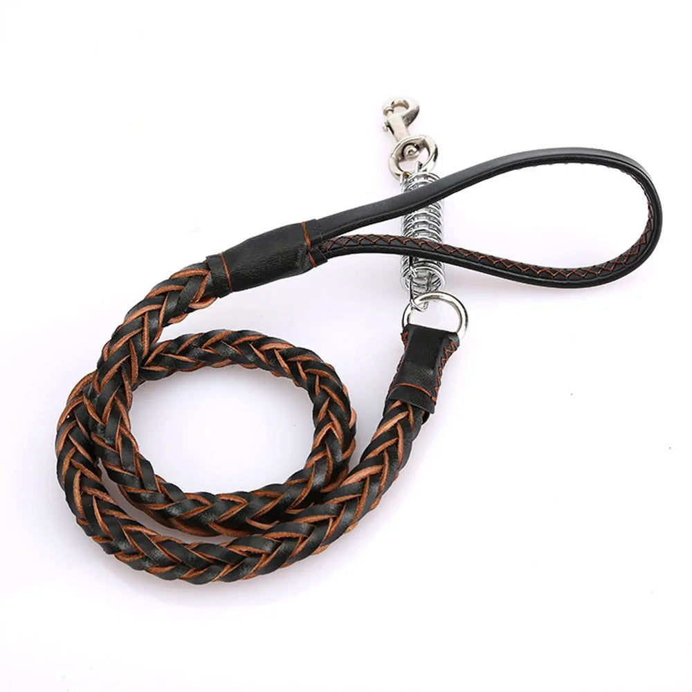 Strong Durable Real Leather Large Dog Leash with No Pull Buffer Spring Leather Braided Dog Training Leash Pet Leads Dog Chain