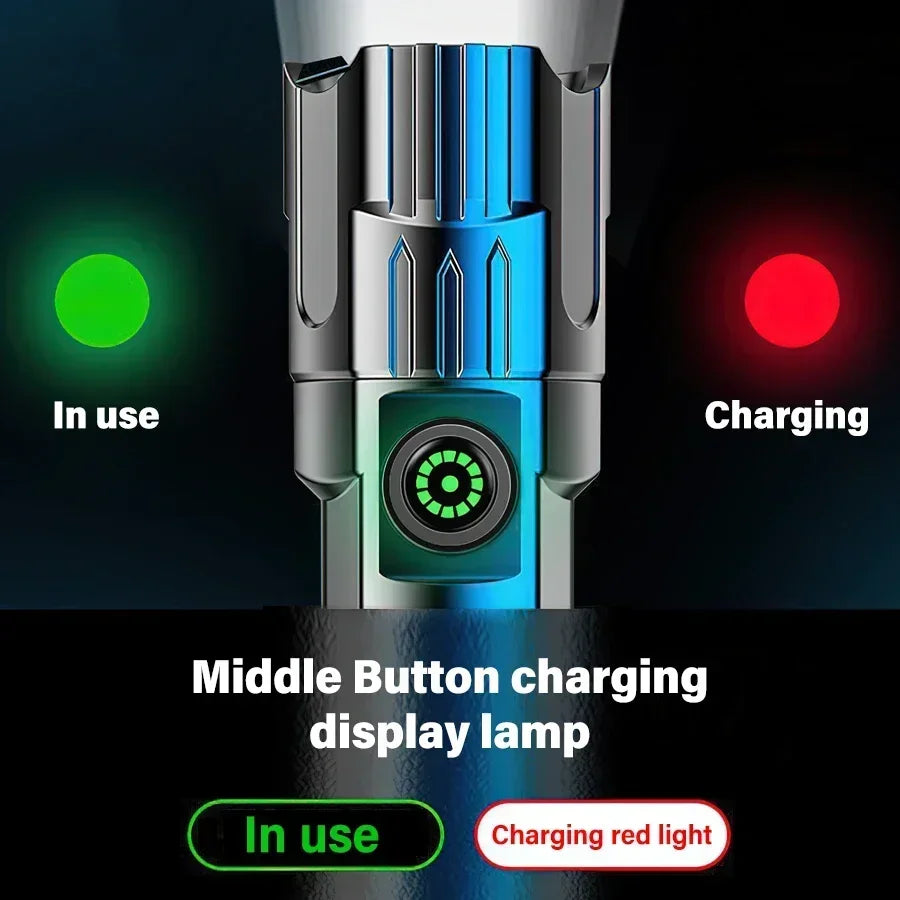 High Strong Power Led Flashlights 2000LM Tactical USB Charging Camping Emergency Fishing Zoom Lantern Torch with Display Light