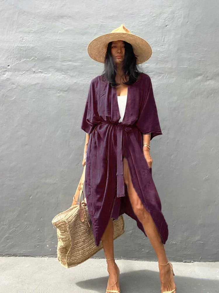 New Boho Beach Kimono Swimwear Women Cotton Holiday Summer Women's Tunic Beachwear Outfits Solid Oversize Cover-Ups