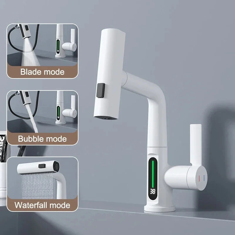 Waterfall Temperature Digital Display Basin Faucet Lift Up Down Stream Sprayer Hot Cold Water Sink Mixer Wash Tap For Bathroom