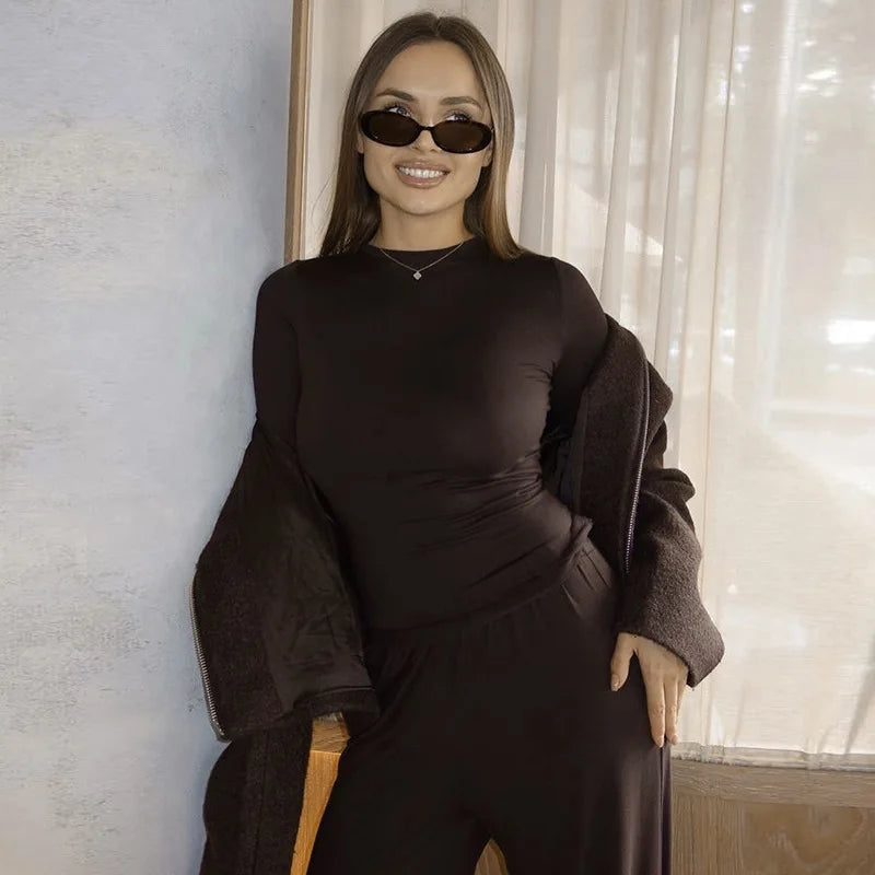 Basic Wide Leg Pants Leisure Suit Women 2025 Spring Solid Long Sleeve Top Casual Loose Trousers 2 Piece Set Hottie Streetwear