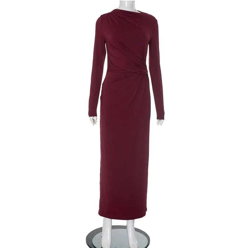 Tossy Pleated Slim Fashion Maxi Dress For Women Elegant High Waist Long Sleeve Bandage Autumn Dress Ladies Patchwork Long Dress