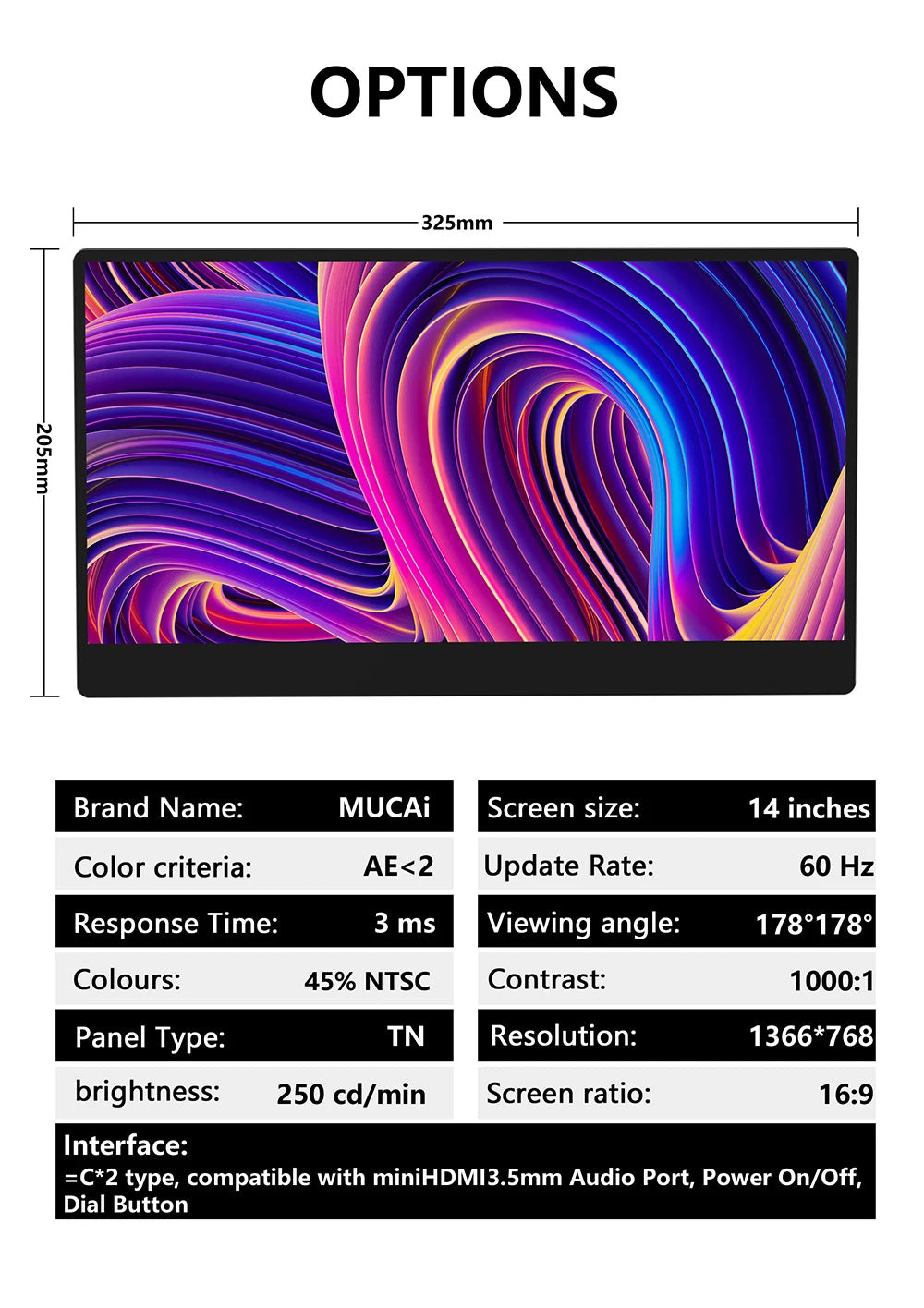 MUCAI N140-S36 Portable Display 14 Inch 60Hz Resolution 1366*768 TN Panel 250cd/㎡ Brightness 3ms Response Portable MonitorComputer MonitorsGoWisse.com