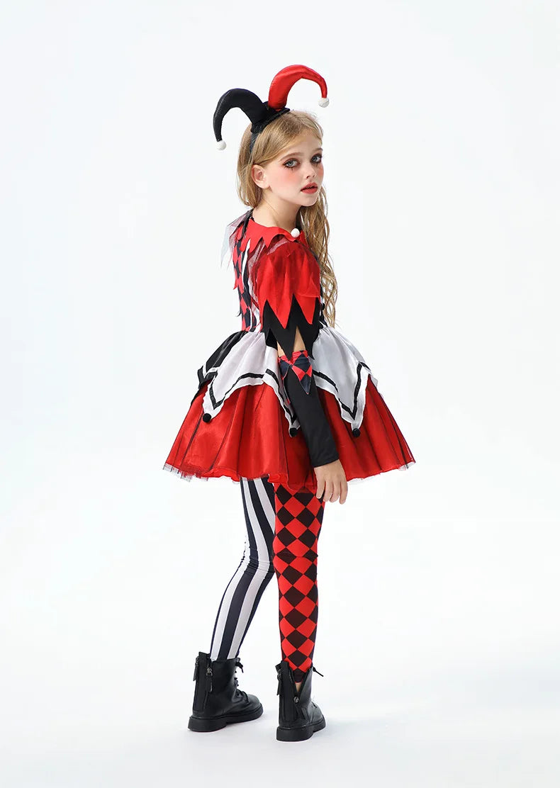 Naughty Girls Clown Costume Kids Circus Scary Tutu Dress Halloween Cosplay Costumes Carnival Party Jester Dress Up Full Set