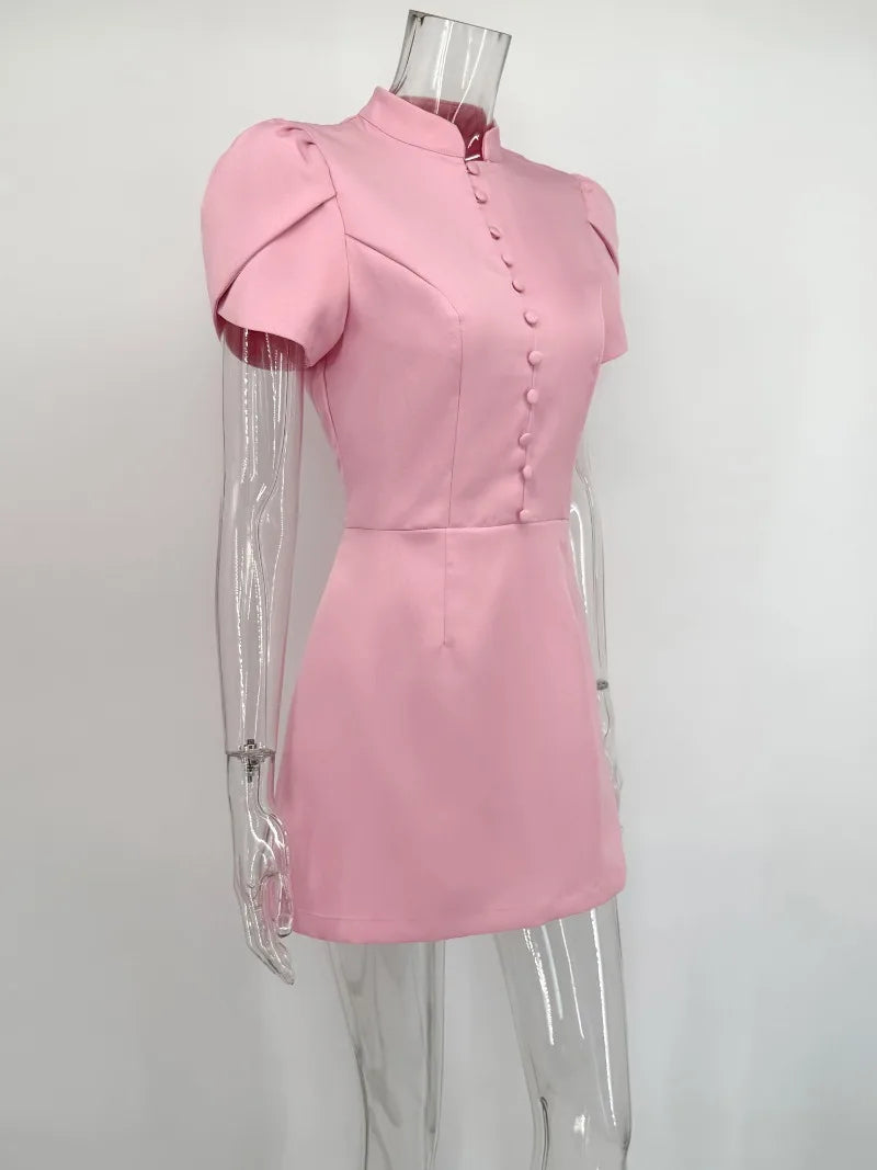 Trendix Button Patchwork Elegant Dress For Women Fashion Pleated Short Sleeve Short Dresses Femme Office Commuter A-Line Dress
