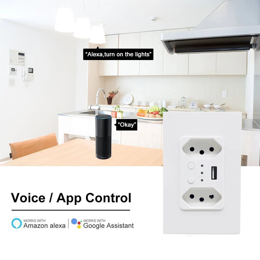Melery Brazil WiFi Smart Wall Socket USB Tuya Electrical Plug Outlet PC/Glass Panel Alexa Google Home,Whole House Intelligence