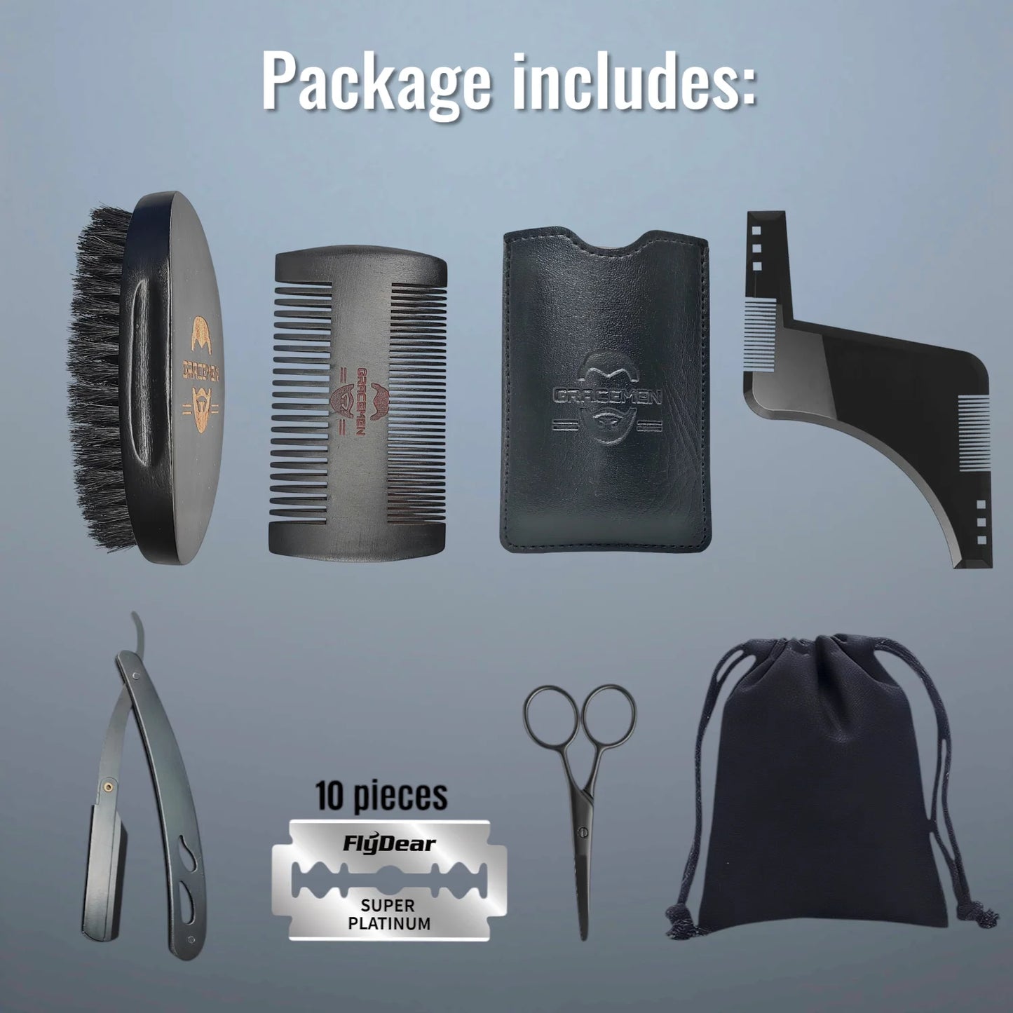 Gracemen Beard Kit - 6 in 1 Grooming Set for Men - Beard Template & Brush & Comb & Case & Straight Razor & Scissors & Travel Bag