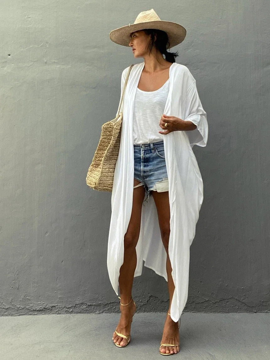 New Boho Beach Kimono Swimwear Women Cotton Holiday Summer Women's Tunic Beachwear Outfits Solid Oversize Cover-Ups