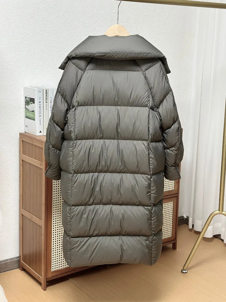 Schinteon Women White Duck Down Long Jacket Autumn Winter Warm Casual Over Size Loose Outwear Soft Comfortable Fashion Coat New