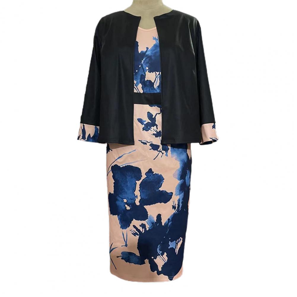2 Pcs/Set Women Coat Dress Suits Set Floral Print Sheath Midi Dress Open Stitch Dress Suit Jacket Women Outfit Set