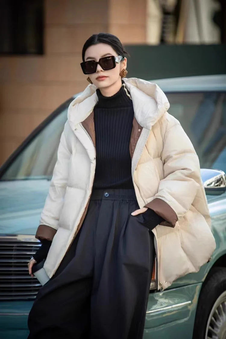 Schinteon Women Down Jacket Casual Loose Over Size Warm Autumn Winter Outwear White Duck Down with Hood Fashion Coat 2024 New