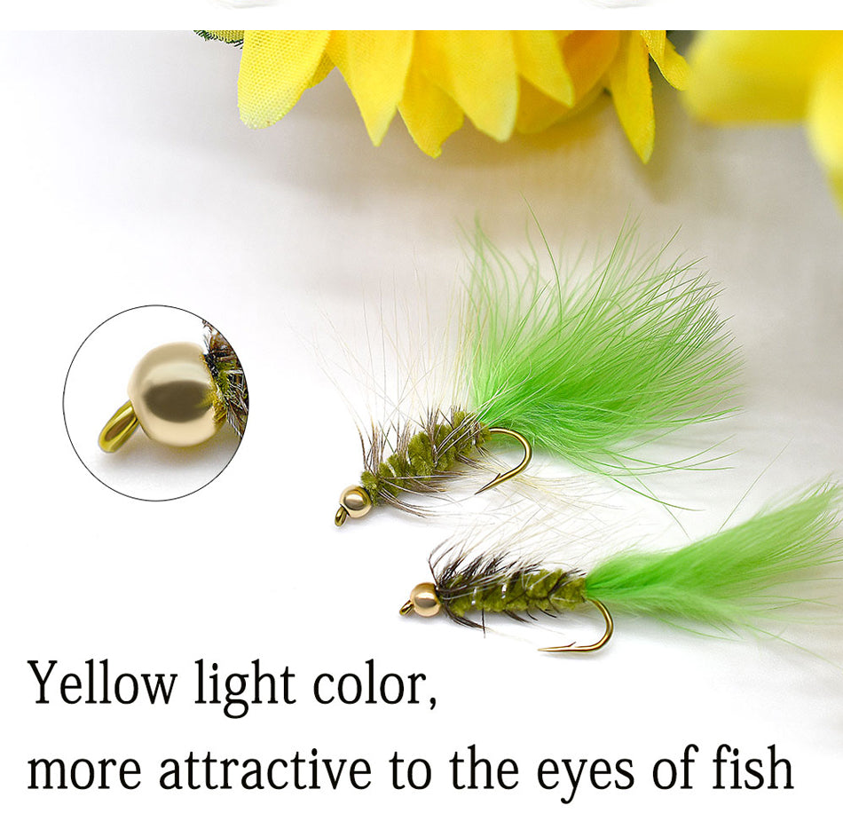 MNFT 10Pcs Goldhead Trout Fishing Flies Lures 10# Barbed Hooks - Bead Head Fishing Fly