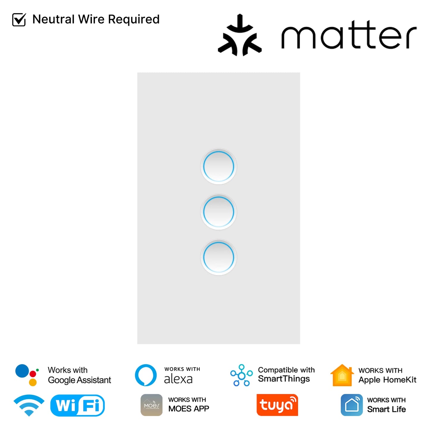 MOES Matter Tuya WiFi Smart Concave Glass Panel Light Switch Neutral Wire Required Compatible with Alexa Google Home SmartThings
