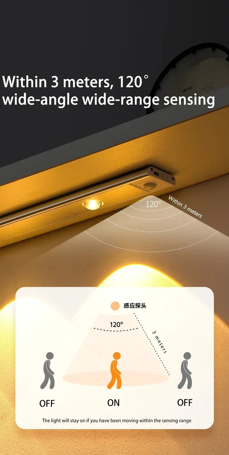 Motion Sensor LED Bar Light Rechargeable Cabinet Light 3 Colors Dimming  Kitchen Light for Closet Wardrobe Stairs 20/30/40/50cm