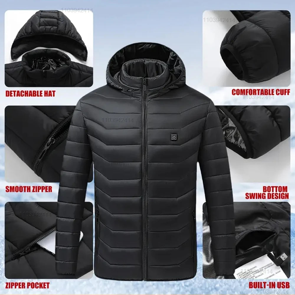 9 Areas Heated Jacket USB Electric Self Heating Jacket for Men Women Winter Cotton Coats Ski Hunting Down Jacket Heated Clothing