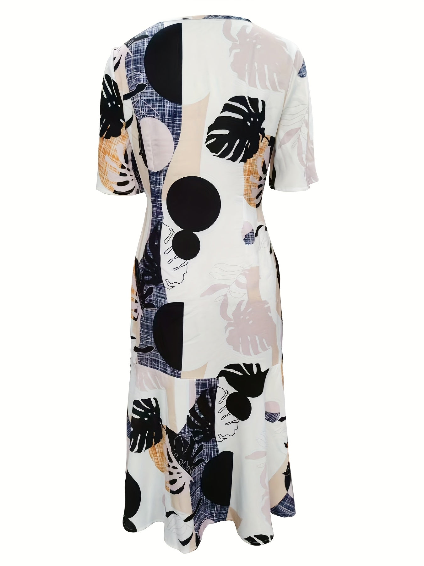 1pc Elegant Polyester Fitted Dress for Women, Spring Crew Neck Geometric Pattern, 100% Polyester Woven Fashion Dress