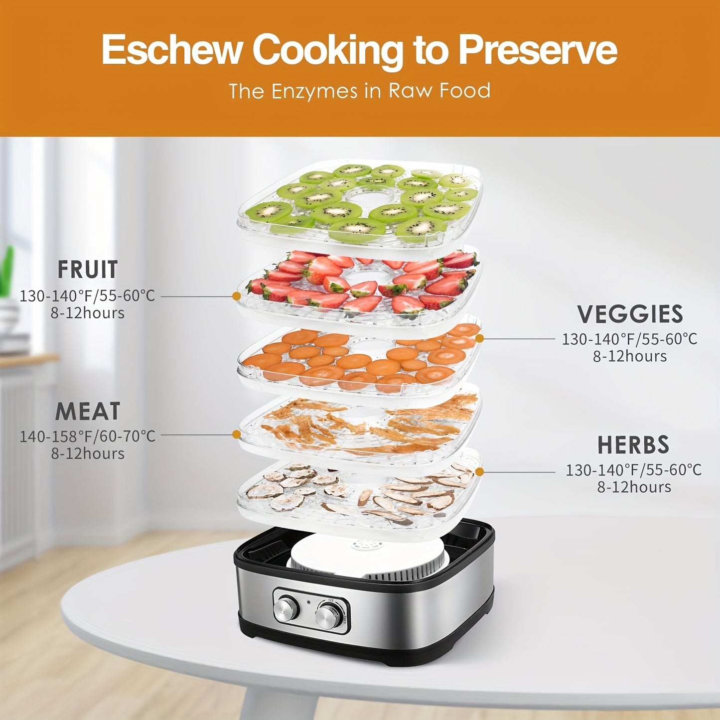 240W Stainless Steel Food Dehydrator with Temperature Control, 5 BPA-Free Trays, Dishwasher Safe Electric Dryer for Jerky, Fruits, Veggies & Herbs, Includes Recipe Book, US Plug, 120V, Dehydrators for Food