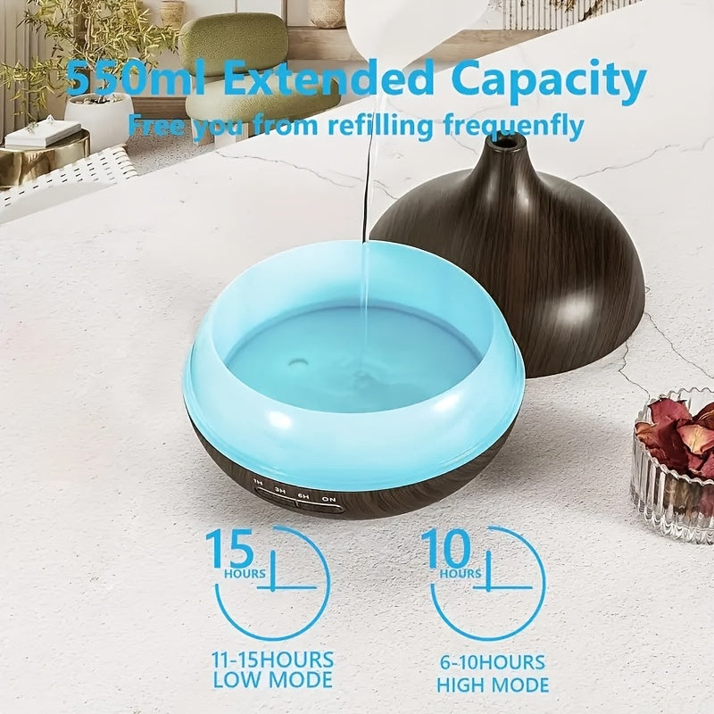 550ml Aromatherapy Essential Oil Diffuser Wood Grain Remote Control Ultrasonic Air Humidifier Cool 7 Color LED Light With 6 Oils