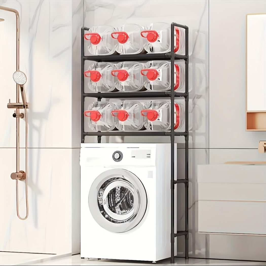 Space-Saving Metal and Plastic Laundry Rack - No Drilling Required, Multi-Tier Washing Machine Top Storage Box with Bathroom Organizer Shelves, Ideal for Towels, Toiletries and Dryer Accessories, Durable Metal Frame, Minimali