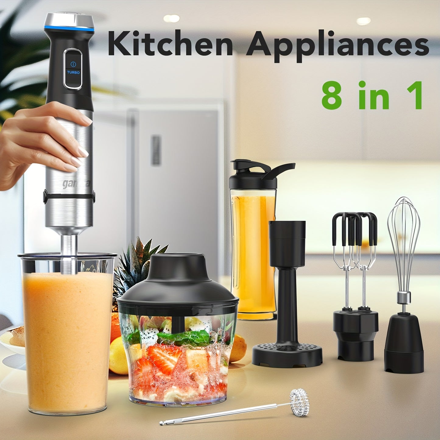 8 In 1 Immersion Blender, - 1000W Heavy Duty Motor, Meat Chopper, 16 Speed Mode Handheld Blender With Stainless Steel Shaft - Includes 8 Total Pieces, Kitchen Must Haves