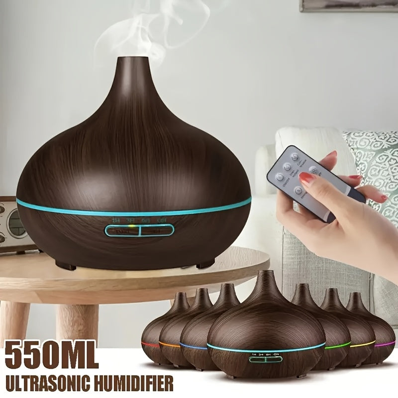 550ml Aromatherapy Essential Oil Diffuser Wood Grain Remote Control Ultrasonic Air Humidifier Cool 7 Color LED Light With 6 Oils