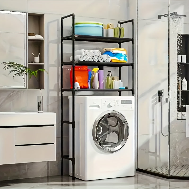 Space-Saving Metal and Plastic Laundry Rack - No Drilling Required, Multi-Tier Washing Machine Top Storage Box with Bathroom Organizer Shelves, Ideal for Towels, Toiletries and Dryer Accessories, Durable Metal Frame, Minimali