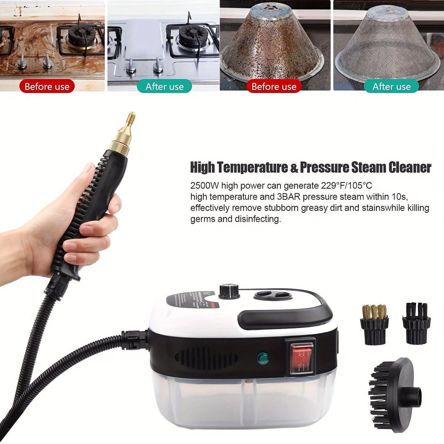 1pc 2500W High-Power Portable Handheld Steam Cleaner with Adjustable Temperature & Pressure - Quick Heating, 6 Brush Heads for Versatile Cleaning in Kitchens, Bathrooms, Furniture & Cars - US Plug, Large Capacity Water Tank,