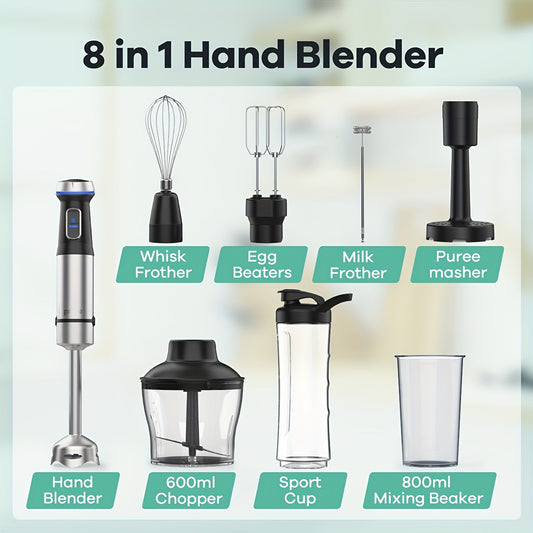 8 In 1 Immersion Blender, - 1000W Heavy Duty Motor, Meat Chopper, 16 Speed Mode Handheld Blender With Stainless Steel Shaft - Includes 8 Total Pieces, Kitchen Must Haves
